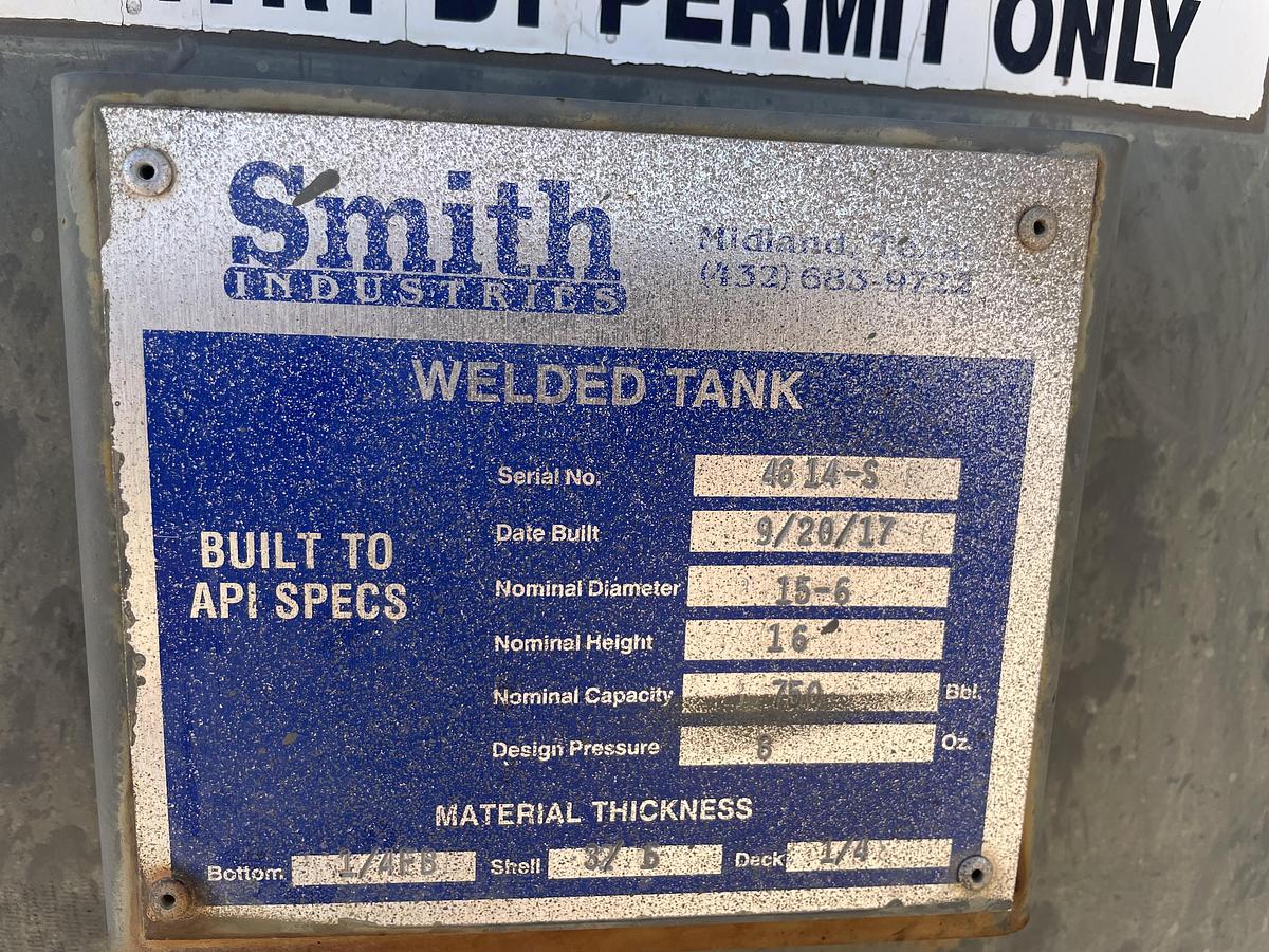 Used Smith Industries 750BBL Vertical Storage Tanks – 15’6” x 16’, Carbon Steel, Flat Bottom, Used Basic Refurb, 2017