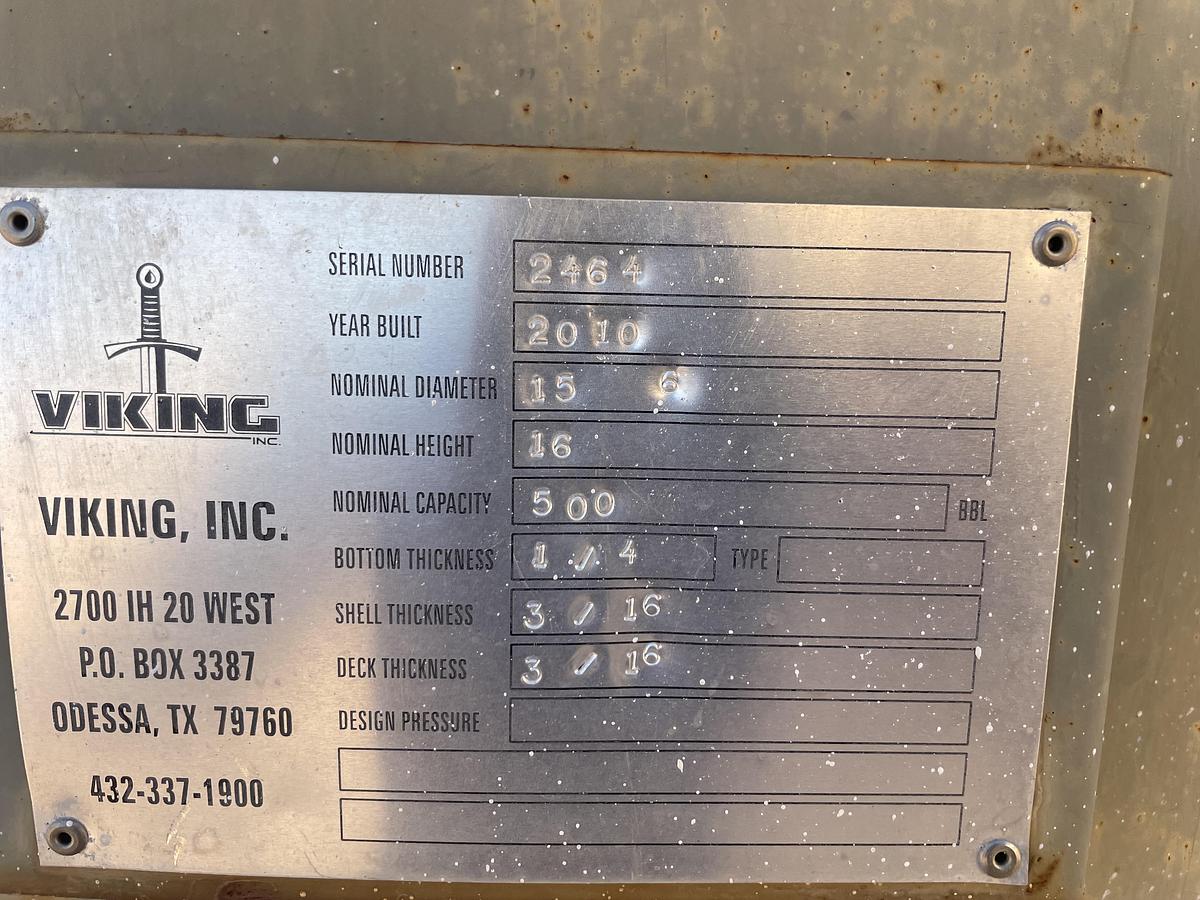 Used Viking Inc 500BBL Vertical Storage Tanks – 15’6” x 16’, Carbon Steel, Flat Bottom, Used Basic Refurb, 2010