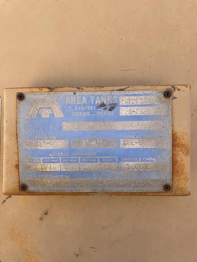 Used Area 300BBL Vertical Storage Tanks – 12’ x 16’, Carbon Steel, Flat Bottom, Used Basic Refurb, 1982