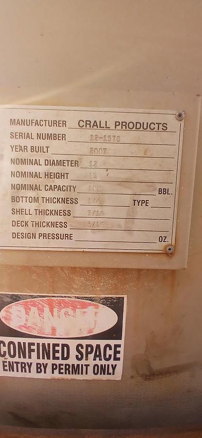 Used Crall Products 300BBL Vertical Storage Tanks – 12’ x 15’, Carbon Steel, Flat Bottom, Used Basic Refurb, 2007