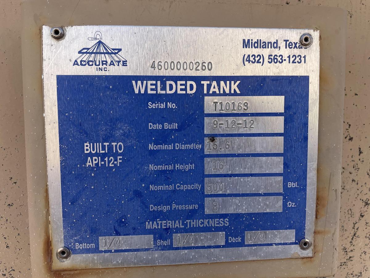 Used Accurate Inc 500BBL Vertical Storage Tanks – 15’6” x 16’, Carbon Steel, Flat Bottom, Used Basic Refurb, 2012