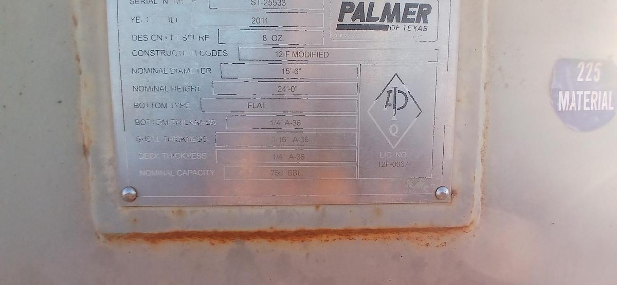 Used Palmer Of Texas 750BBL Vertical Storage Tanks – 15’6” x 24’, Carbon Steel, Flat Bottom, Used Basic Refurb, 2011