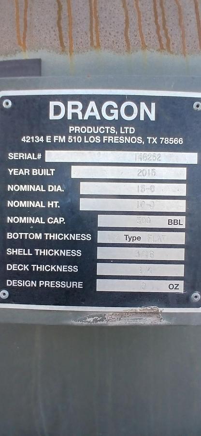 Used Dragon 500BBL Vertical Storage Tanks – 15’6” x 16’, Carbon Steel, Flat bottom, Used Basic Refurb, 2015