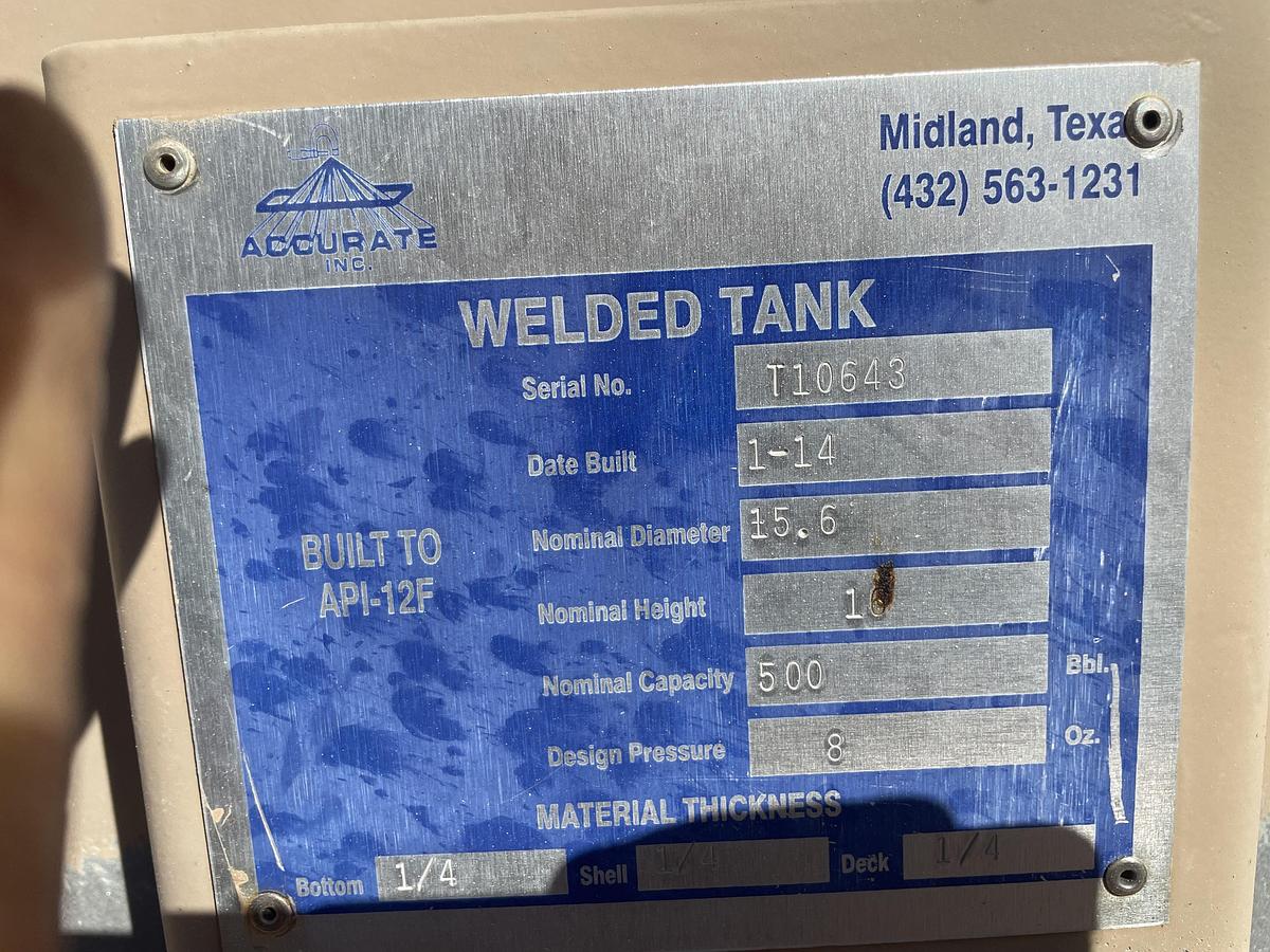 Used Accurate Inc 500BBL Vertical Storage Tanks – 15’6” x 16’, Carbon Steel, Flat Bottom, Used Basic Refurb, 2014