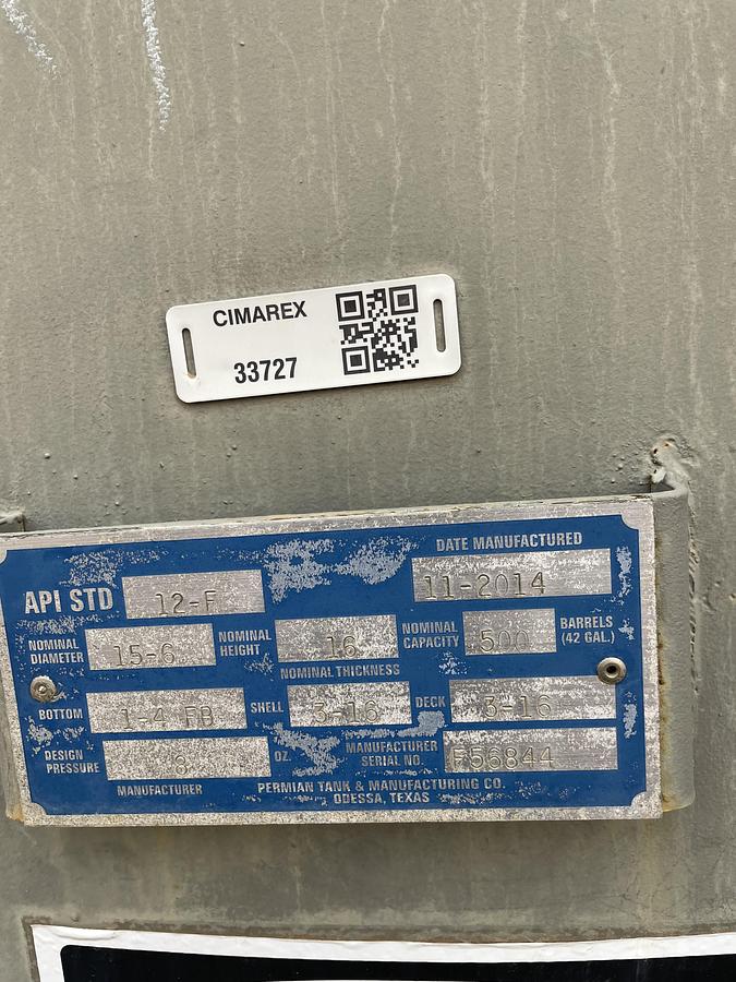 Used 2014 Permian Tank 500BBL Vertical Storage Tank - 15’6” x 16”, Carbon Steel, Flat Bottom, Used Basic Refurb