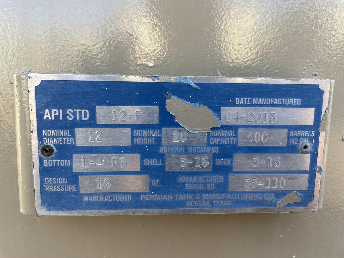 Used 2013 Permian Tank 400BBL Vertical Storage Tank - 12’ x 20’, Carbon Steel, Flat Bottom, Used Basic Refurb