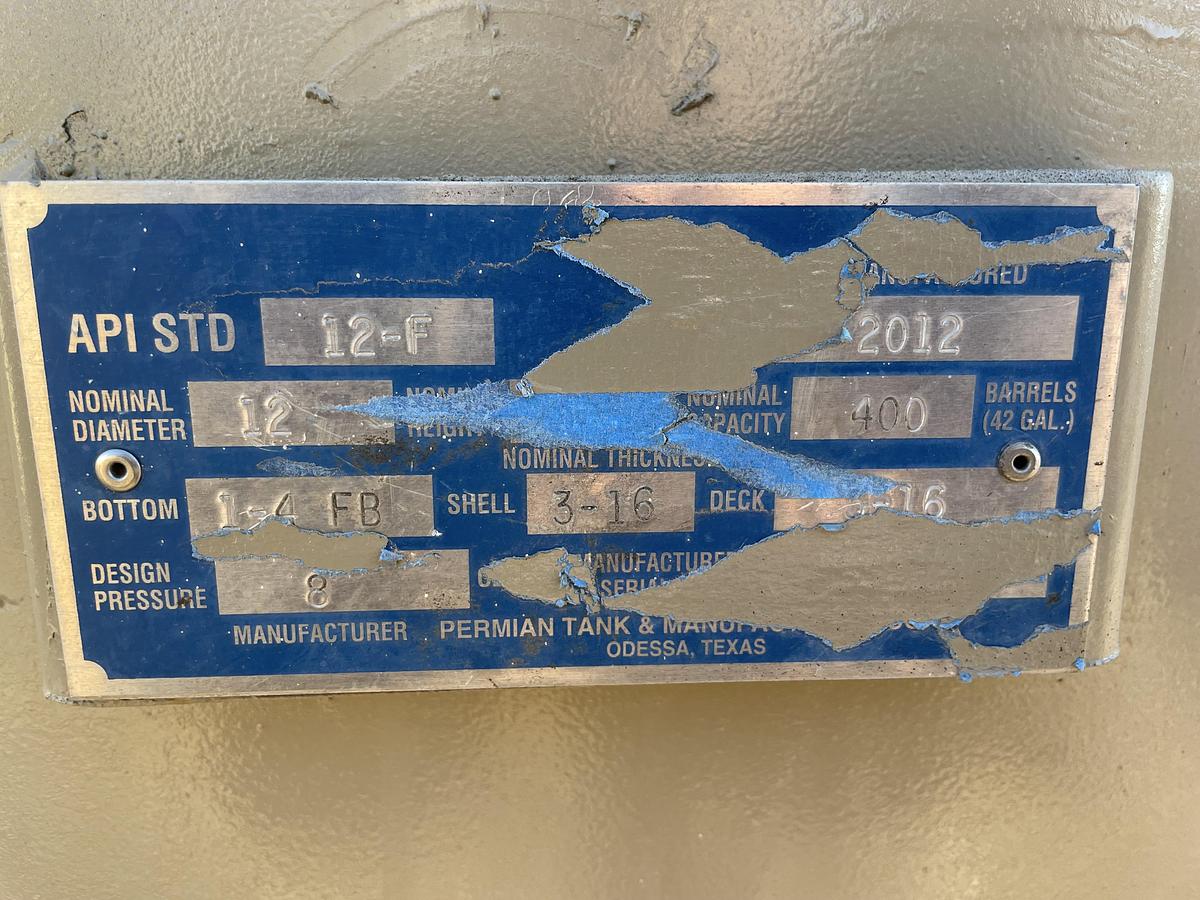 Used 2012 Permian Tank 400BBL Vertical Storage Tank - Carbon Steel, Flat Bottom, Used Basic Refurb