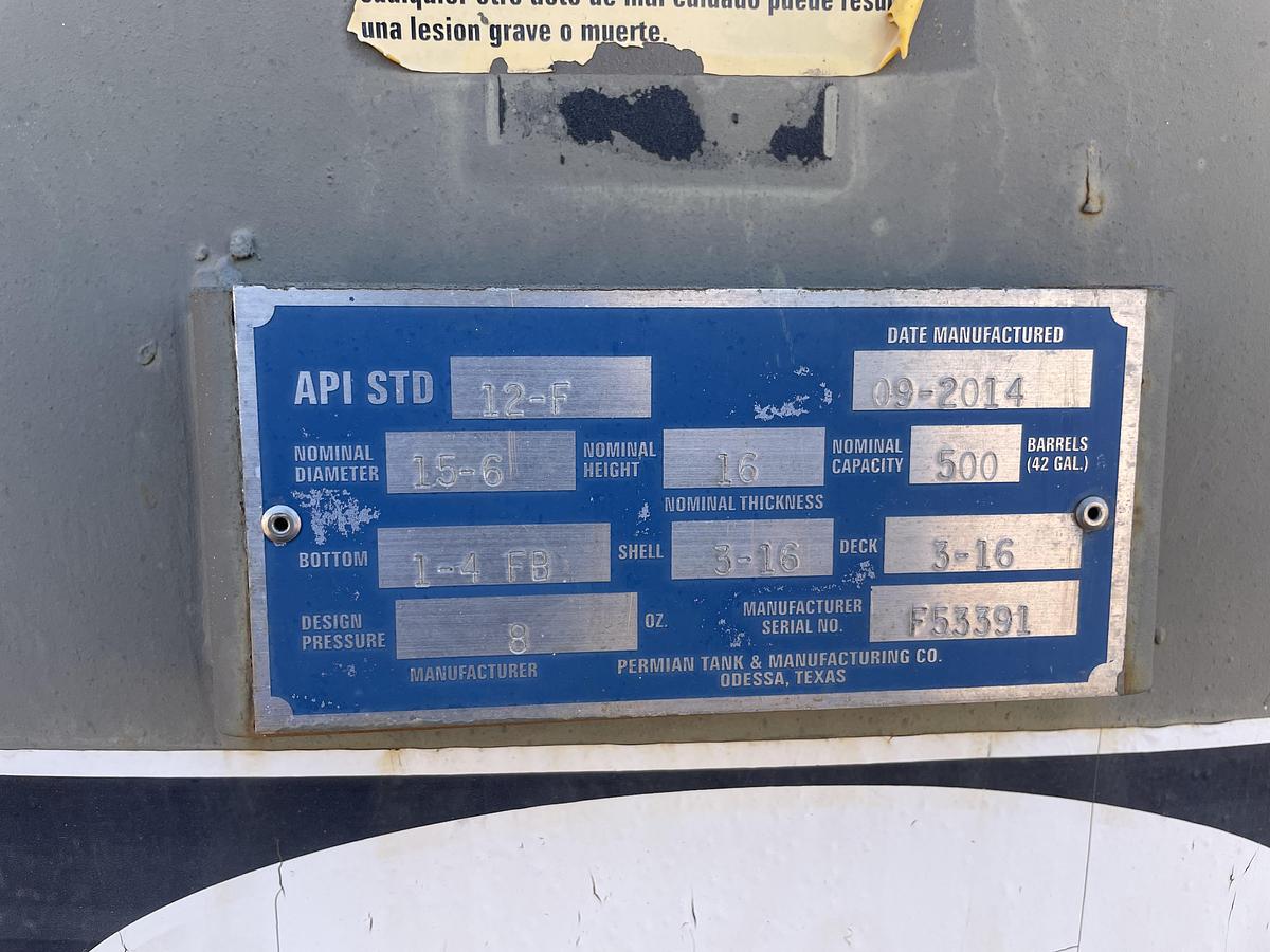 Used Permian Tank 500BBL Vertical Storage Tanks – 15’6” x 16’, Carbon Steel, Flat Bottom, Used Basic Refurb, 2014