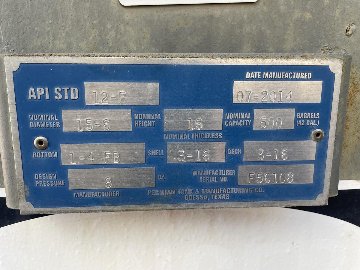 Used Permian Tank 500BBL Vertical Storage Tanks – 15’6” x 16’, Carbon Steel, Flat Bottom, Used Basic Refurb, 2014