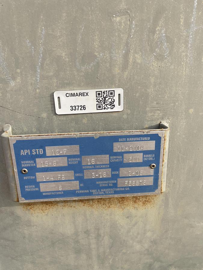 Used 2014 Permian Tank 500BBL Vertical Storage Tank - 15’6” x 16”, Carbon Steel, Flat Bottom, Used Basic Refurb