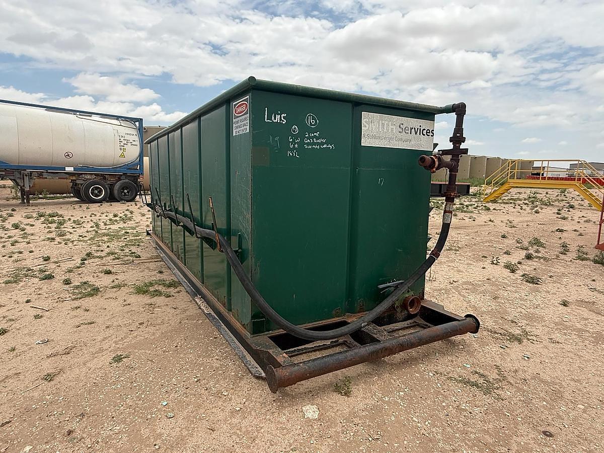 Used 115BBL Skidded Open Top Tank- 18.25x6x6, 2 Compartment, w/ Gas Buster, Used As-Is