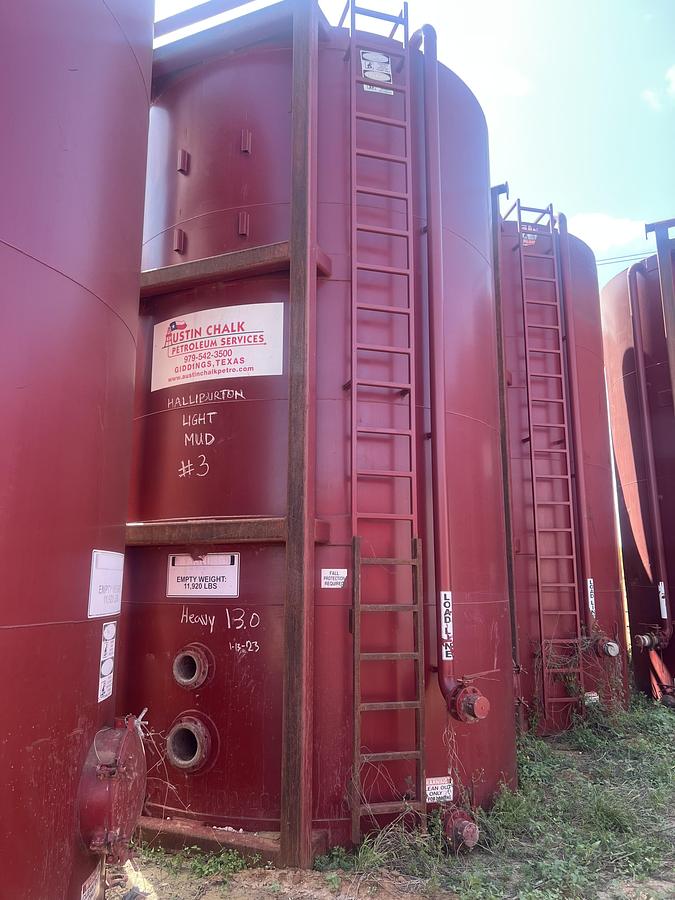 Used Meridian 400bbl Skidded Vertical Storage Tanks – 12’ x 20’, Carbon Steel, Flat Bottom, Used Basic Refurb