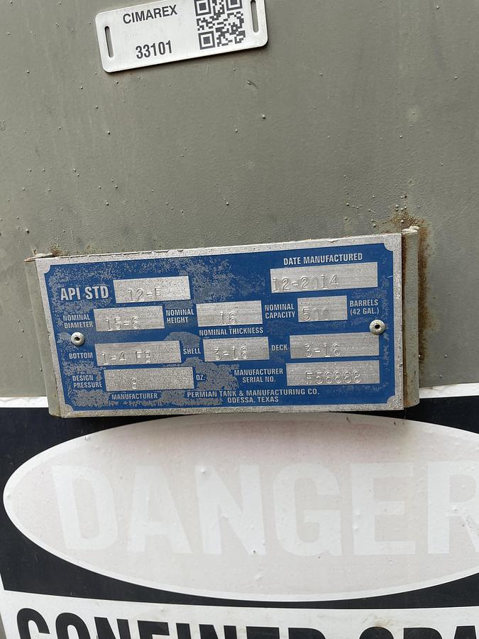 Used 2014 Permian Tank 500BBL Vertical Storage Tank - 15’6” x 16”, Carbon Steel, Flat Bottom, Used Basic Refurb