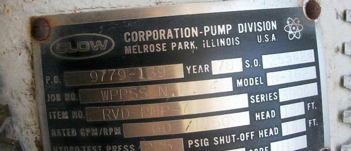 Used Pump, Sump, 10 HP, Clow, 316 S/st, 60 GPM, Mdl N-162 (4) #S741517