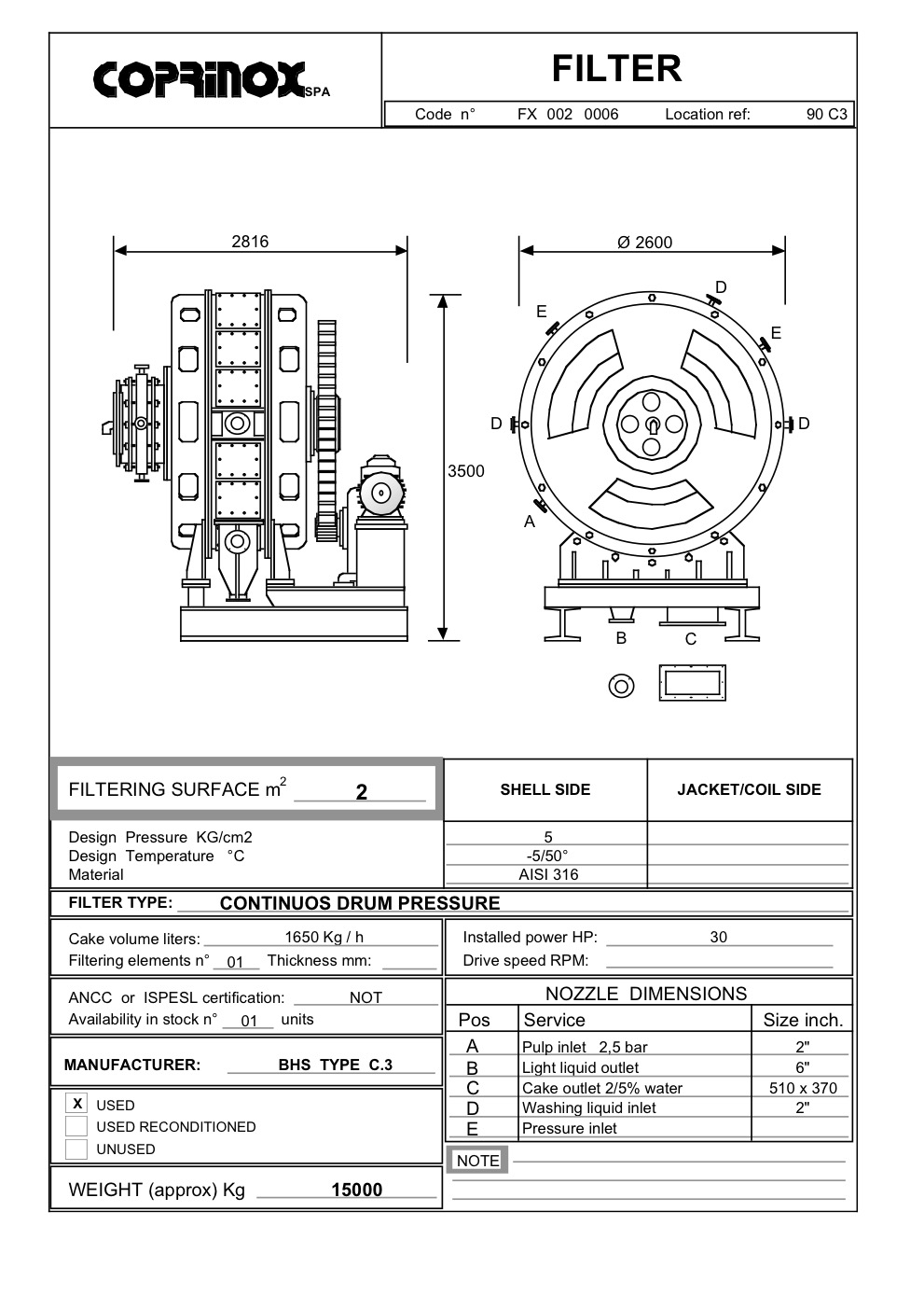 Käytetyt Filtro BHS tipo P3 a pressione, 2m2