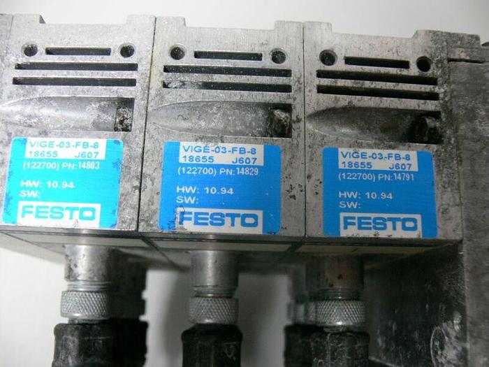 Used Festo Pneumatic Solenoid Manifold 18980 + VIGE-03-FB-8 (x3) & WIGM-03-4.0 (x5)