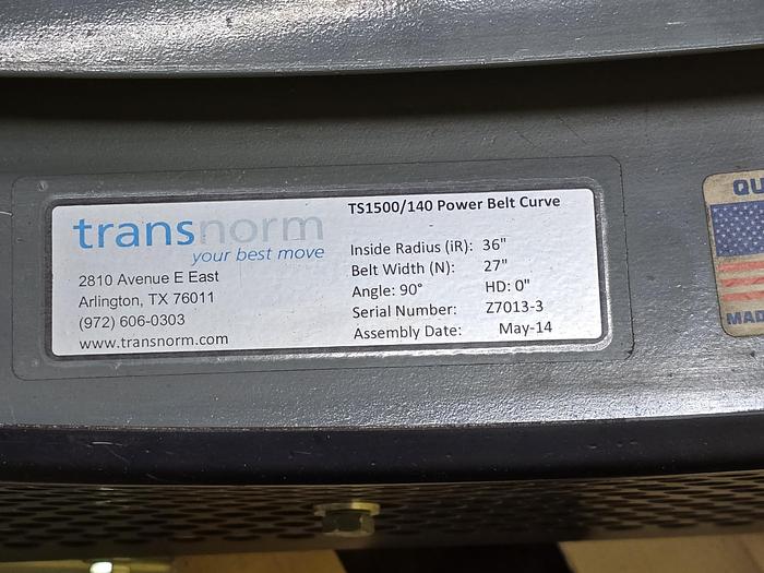 Used Transnorm 90 Degree Belted Curve Conveyor TS1500/140 V2 27" Belt, 36" IR (#396)