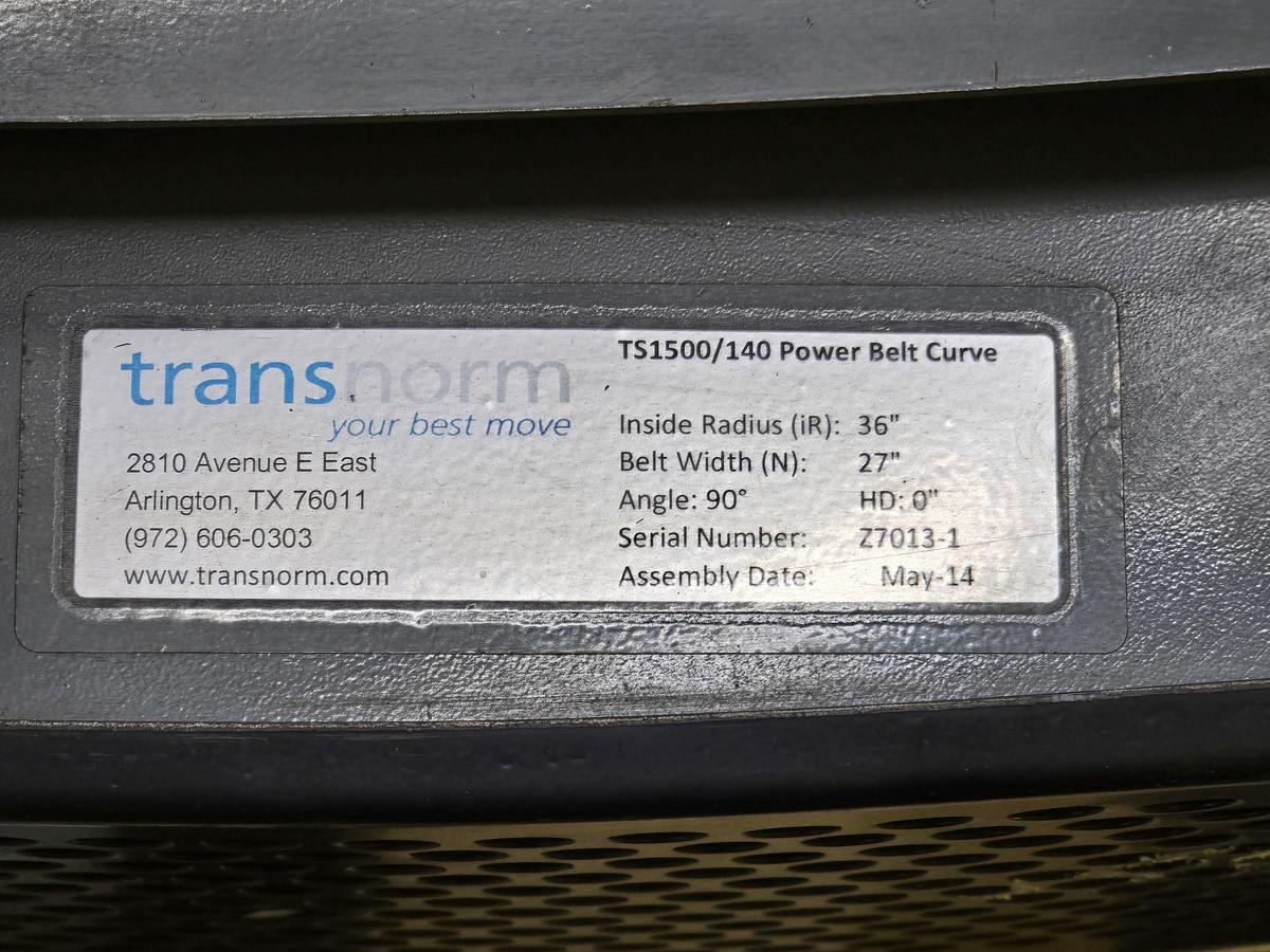 Used Transnorm 90 Degree Belted Curve Conveyor TS1500/140 V2 27" Belt, 36" IR (#396)