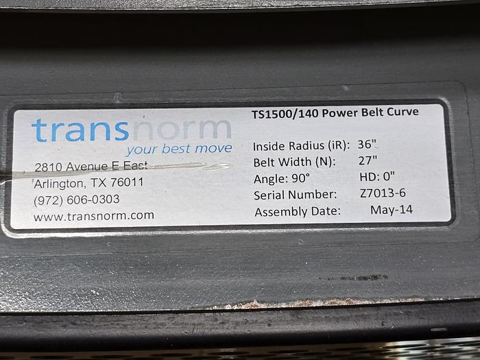 Used Transnorm 90 Degree Belted Curve Conveyor TS1500/140  27" Belt, 36" IR (#404)