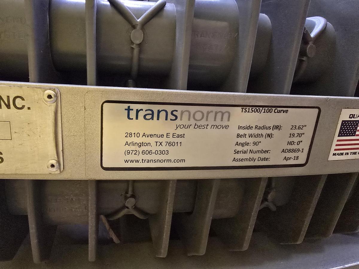 Used Transnorm 90 Degree Belted Curve Conveyor TS1500/100 20" Belt, 24" IR (#628)