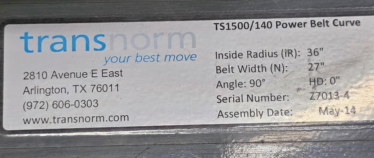 Used Transnorm 90 Degree Belted Curve Conveyor TS1500/140  27" Belt, 36" IR (#404)