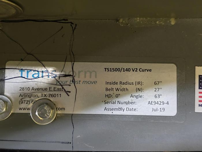 Used Transnorm 63 Degree Belted Curve Conveyor TS1500/140 V2 27" Belt, 67" IR (#402)