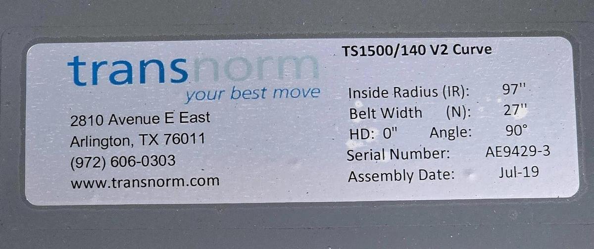 Used Transnorm 90 Degree Belted Curve Conveyor TS1500/140 V2 27" Belt, 84.8" IR(#405)