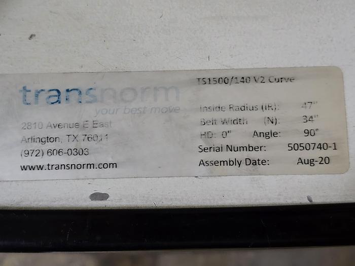 Used Transnorm 90 Degree Belted Curve Conveyor TS1500/140 V2  34" Belt, 47" IR