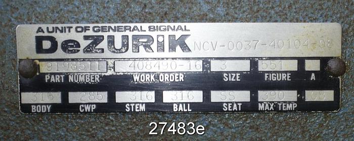 Used Dezurik FIG551 Vball Valve, 3", 316 Body, 316 Stem, 316 Ball, Stainless Steel Seat. Cwp 285 Psi, Max Temperature 390°F, Positioner P1200, 0-60 Psi Spring Range Air To Open Diaphragm Actuator. Split Body #27483