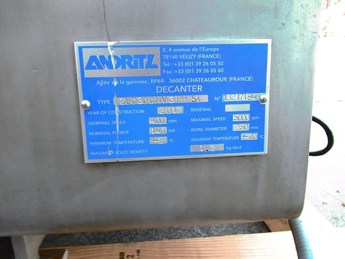 Used Centrifuge, Decanter, Andritz, D4, 316 S/St, 20 HP #C742051