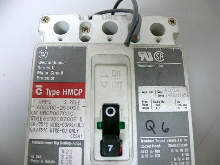 Used Westinghouse Series C Motor Circuit Protector 3 Pole 7A 600VAC 250VDC