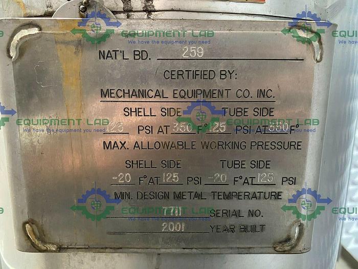 Used Meco  Vertical Shell & Straight Tube Heat Exchanger 125 PSIG w/ SS Frame & Gauges