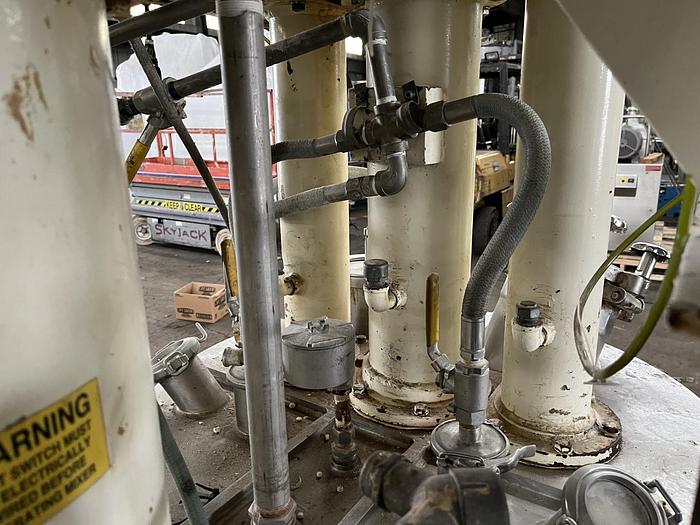 Used 100 GALLON ROSS TRIPLE MOTION MIXER - MODEL PVM-100 - S/S - VACUUM - 2 MIX CANS - WITH DISCHARGE RAM