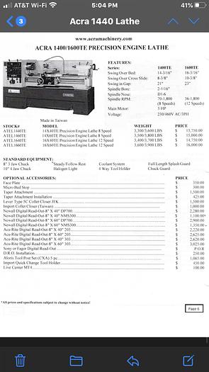 2020 ACRA 1440-TE ENGINE LATHE 1440 TE
