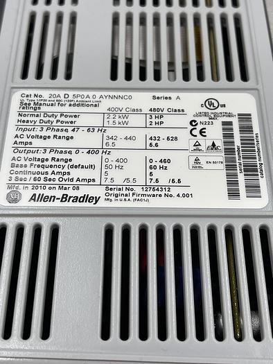Used Allen-Bradley 20A D 5P0 A0 AYNNNC0 Ser A, 20-Him-A3 Ser C 