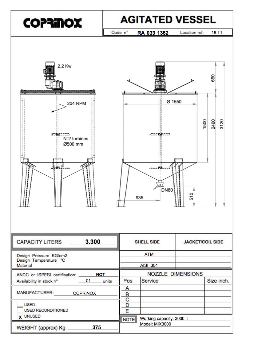 Miscelatore per liquidi, COPRINOX MIX3000, 3000 lt