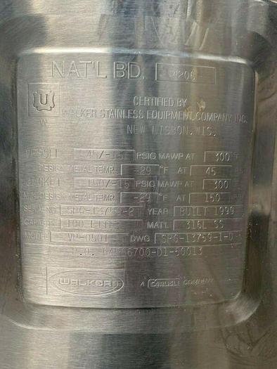 Used Walker 100 Liter Stainless Steel Jacketed Reactor 45 PSI