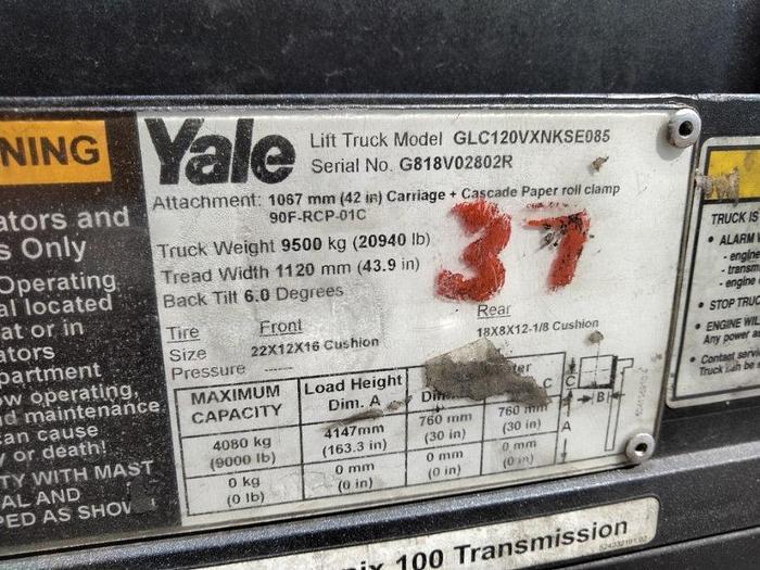 Used 12,000 YALE GLC120VXPRS ROLL CLAMP FORKLIFT W/ 72" CASCADE CLAMP - PENDING