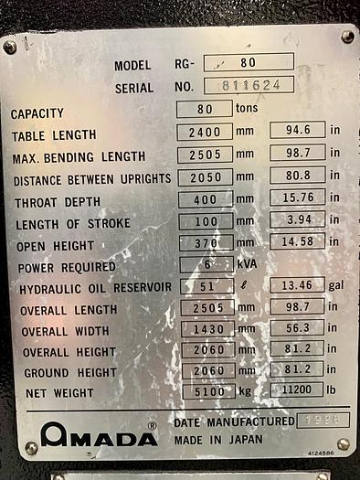Used 1998 Amada RG80 CNC Press Brake