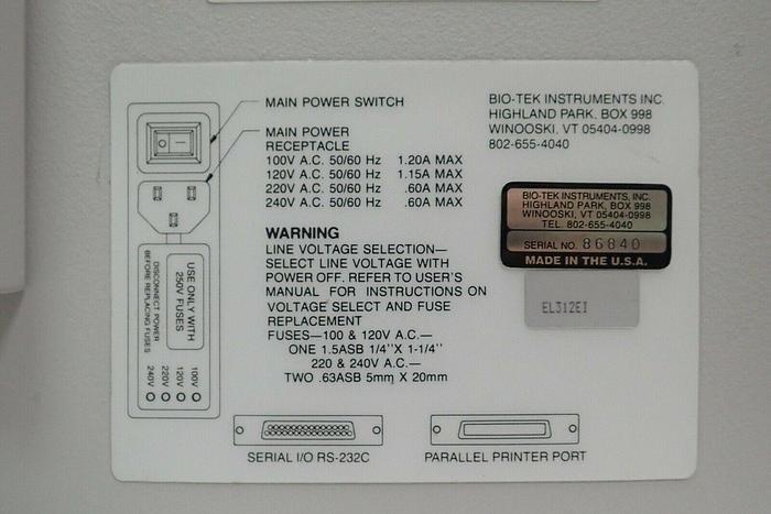 Used Bio-Tek Instruments EL 312e Bio-Kinetics Microplate Reader with Manual