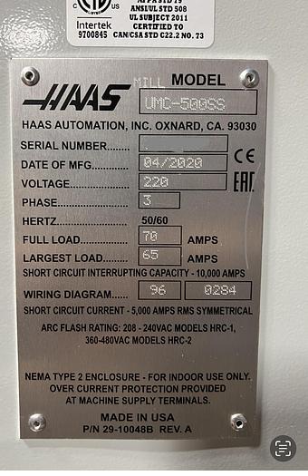 Used 2020 HAAS UMC-500SS 5-Axis CNC Vertical Machining Center