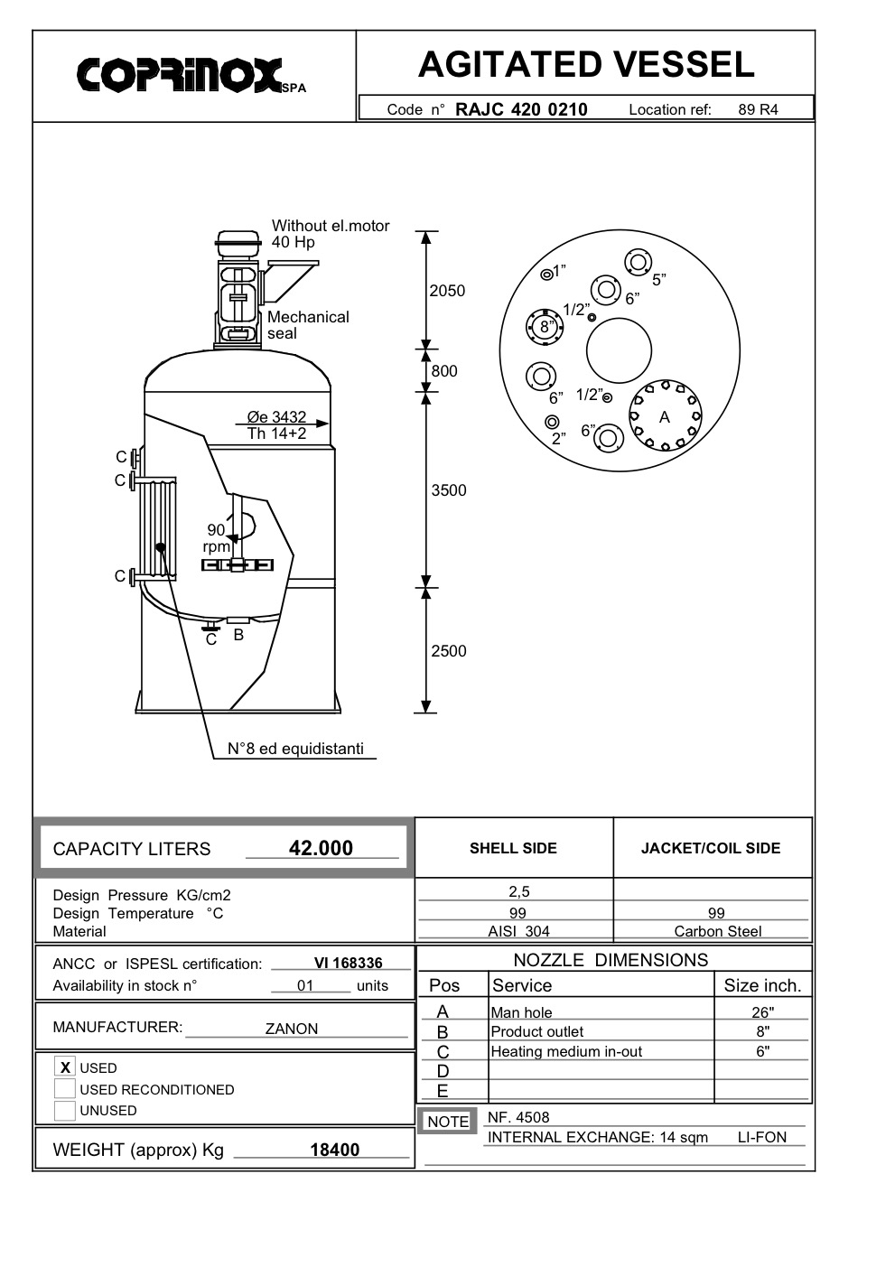 Usato Reattore ZANON   da 42000 Litri