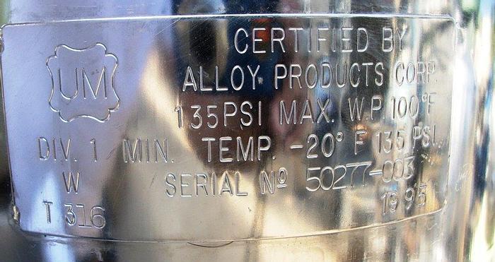 Used Tank, 1 Gallon, 316L Stainless Steel, Pressure, 9" x 8.5", Alloy #S741352