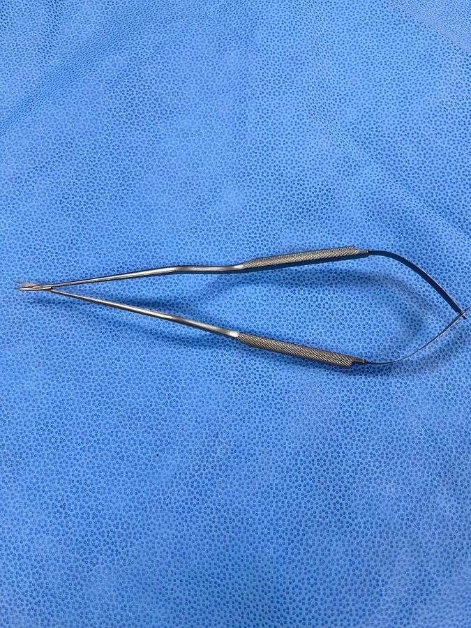 Used Codman 80-1723 Rhoton Scissors, Titanium, Bayonet, Curved, 8 1/2"