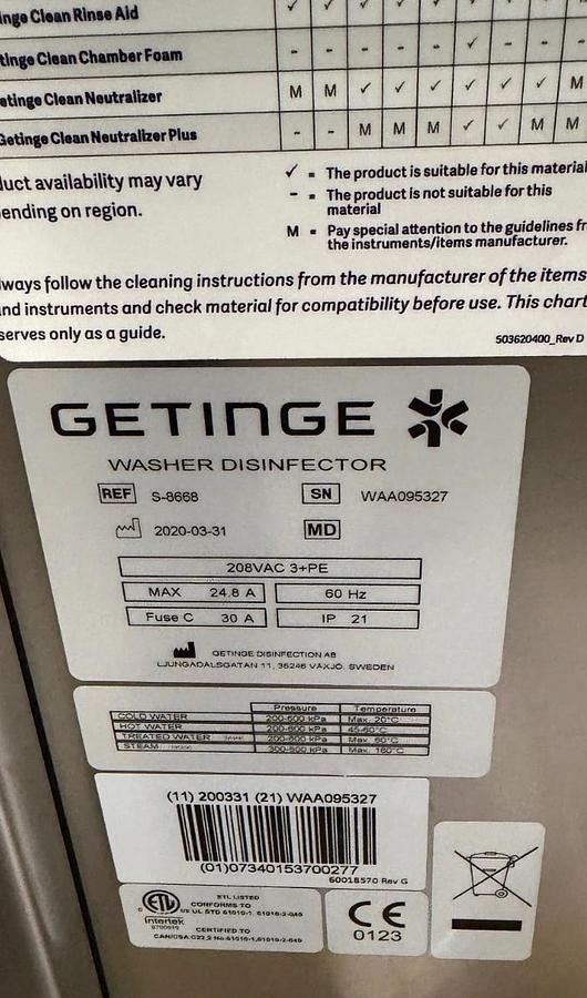 Getinge 8668 Washer Disinfector - Double Door Pass Thru - Steam - 208V - 3 Phase