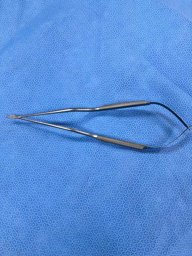 Used Codman 80-1723 Rhoton Scissors, Titanium, Bayonet, Curved, 8 1/2"