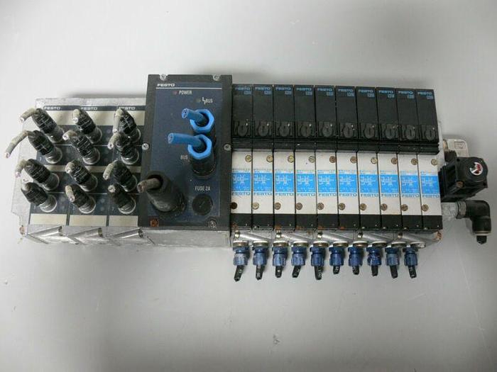 Used Festo Pneumatic Solenoid Manifold 18980 + VIGE-03-FB-8 (x3) & WIGM-03-4.0 (x5)