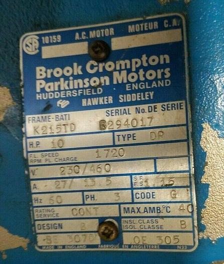 Used Brook Crompton Electric Motor 10 HP 230/460 Volts 3 Phase 1720 RPM Frame K215TD