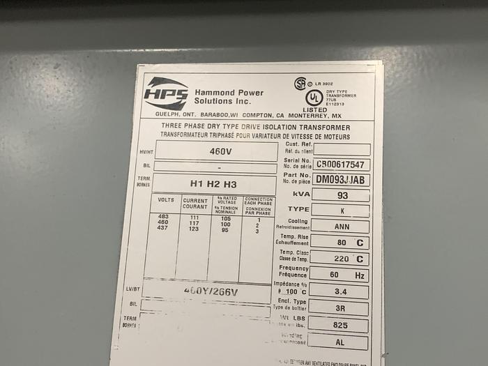 Used 93 KVA DRY TYPE TRANSFORMER 460V/266V