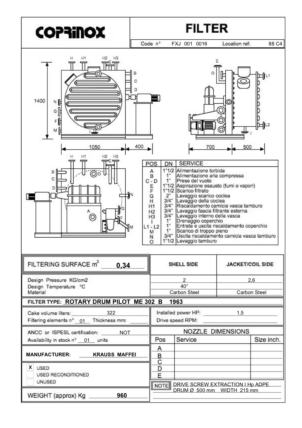 Used KRAUSS MAFFEI ME 302B filter, 034 m2